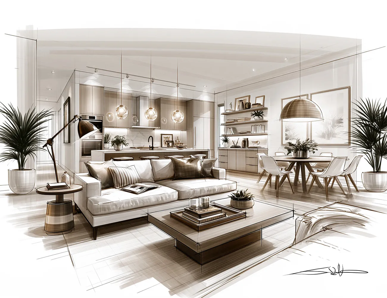 Sketch of an open living room, kitchen, and dining area in a Stonehaven apartment