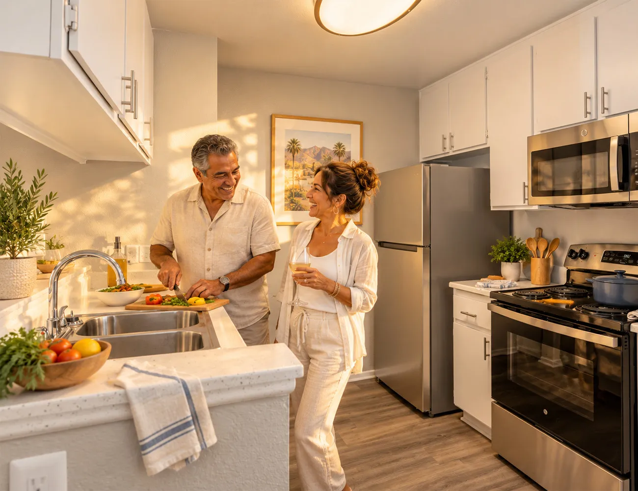 A couple cooking together in a Woodlands apartment kitchen