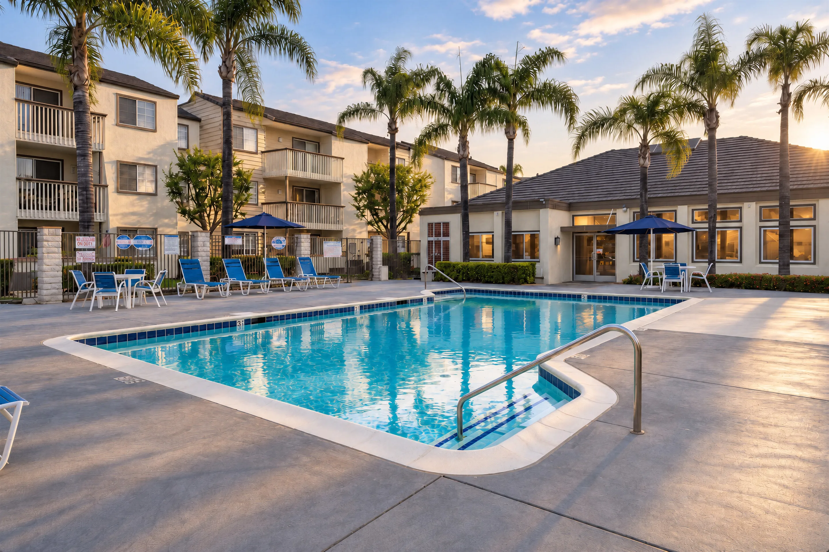 The community pool and clubhouse, lined with palm trees and lounge chairs at sunset