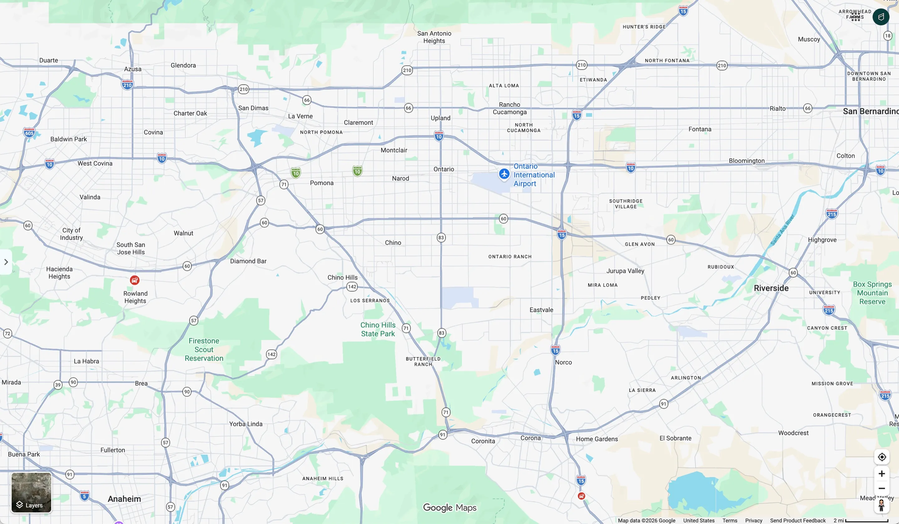Map of Chino and the surrounding area showing Hillsborough Village and nearby places
