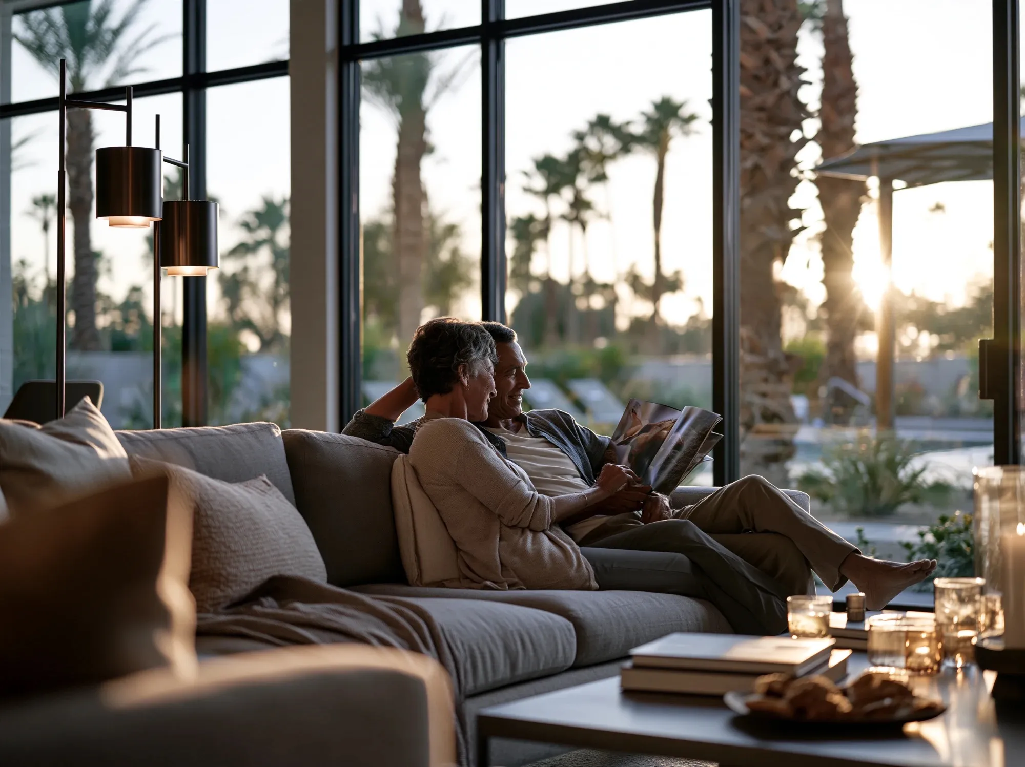 An older couple relaxing on a sofa, looking through a magazine, with palm trees and a pool outside the windows at sunset