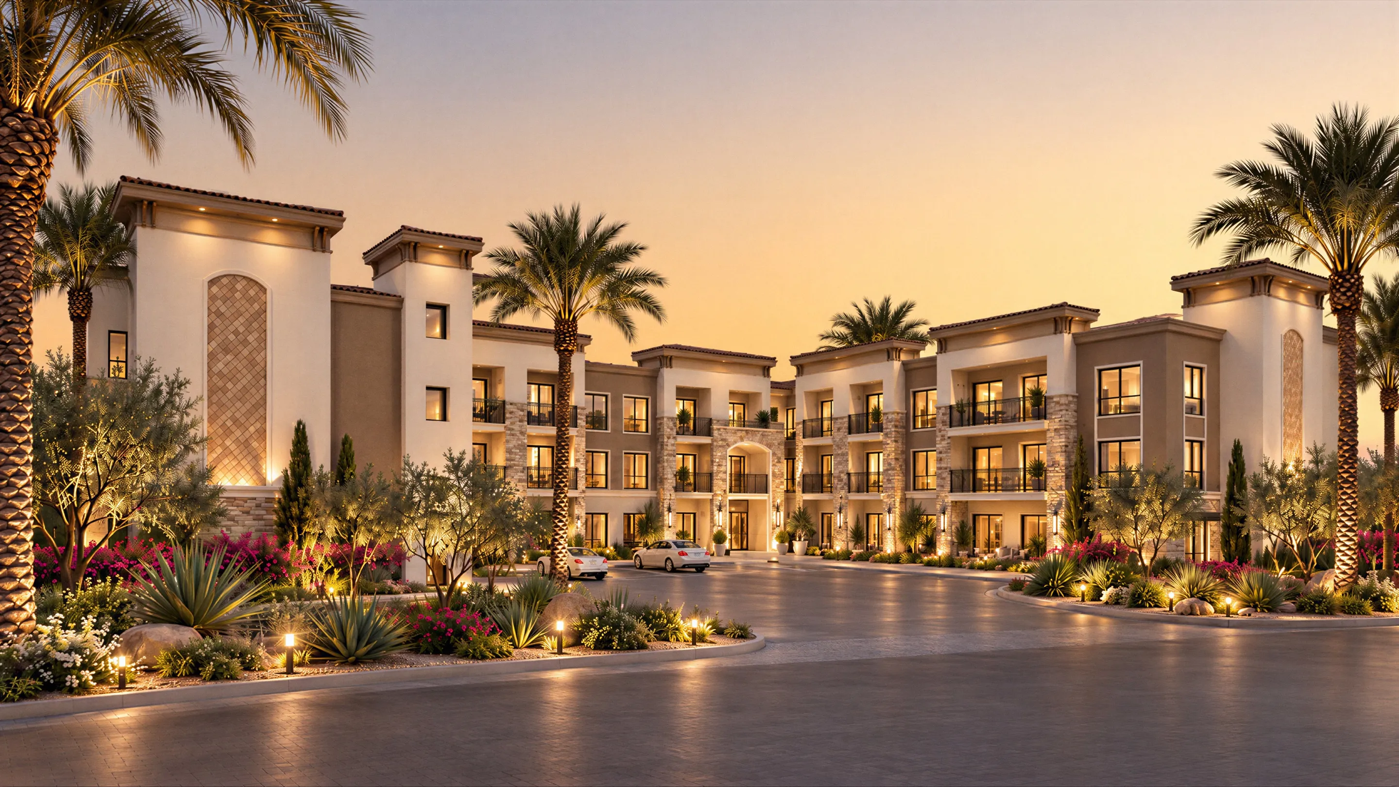 Rendering of the new Stonehaven building with palm trees and landscaped walkways